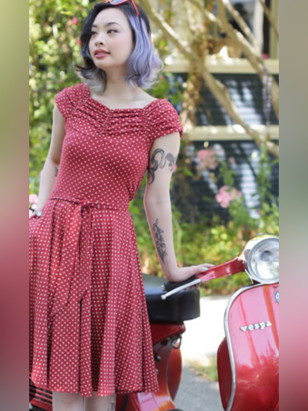Effie’s Heart L Venice red-white tie waist retro pinup polka-dot midi dress